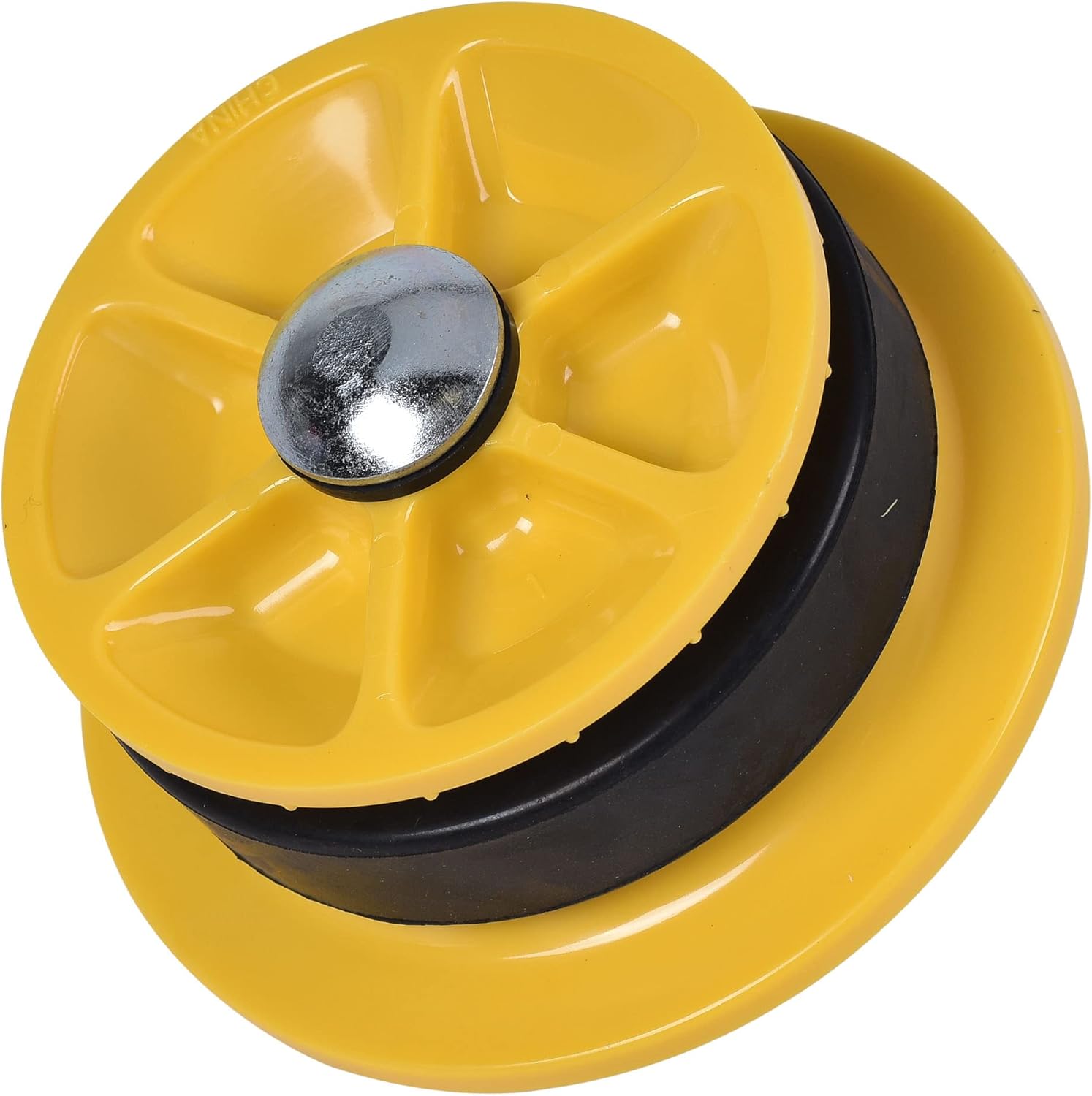 Yellow mechanical pipe gripper plug with black rubber seal and center bolt mechanism for 3-inch pipe closure.