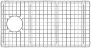 Stainless steel sink grid with square mesh pattern and circular drain opening, designed to fit workstation sink basin.
