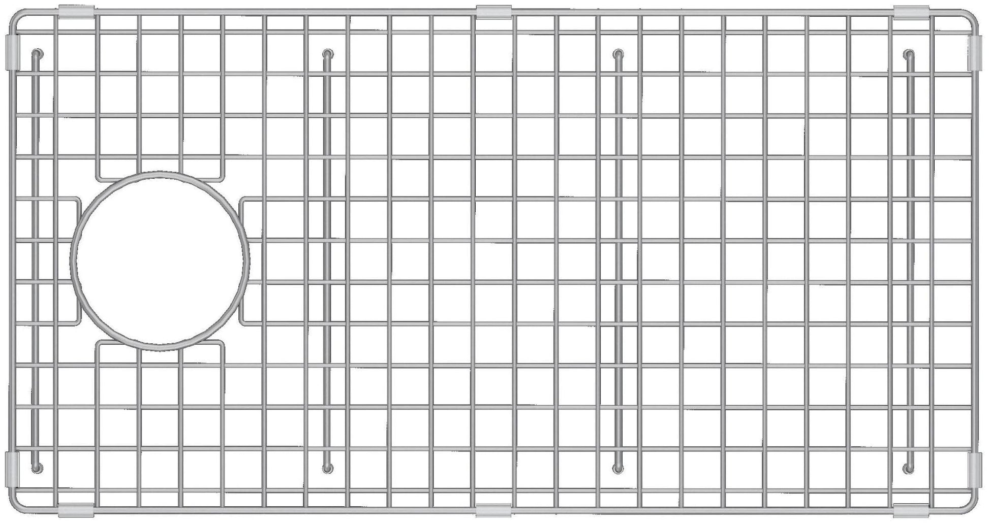 Stainless steel sink grid with square mesh pattern and circular drain opening, designed to fit workstation sink basin.