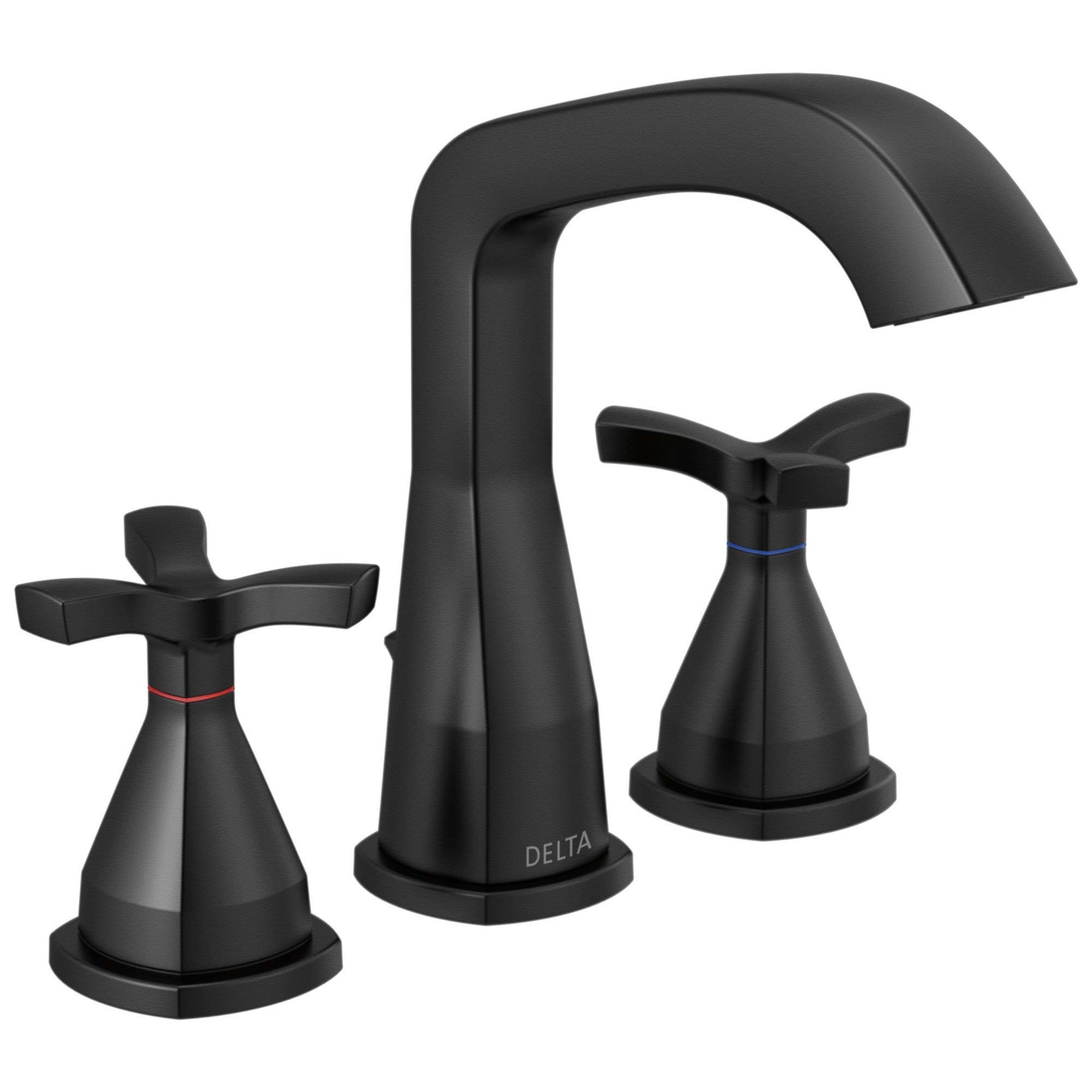 Black Delta Stryke widespread faucet with curved spout, two cross handles, and cone-shaped bases.