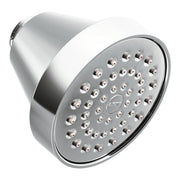 Chrome shower head with multiple spray holes and cylindrical arm connector.