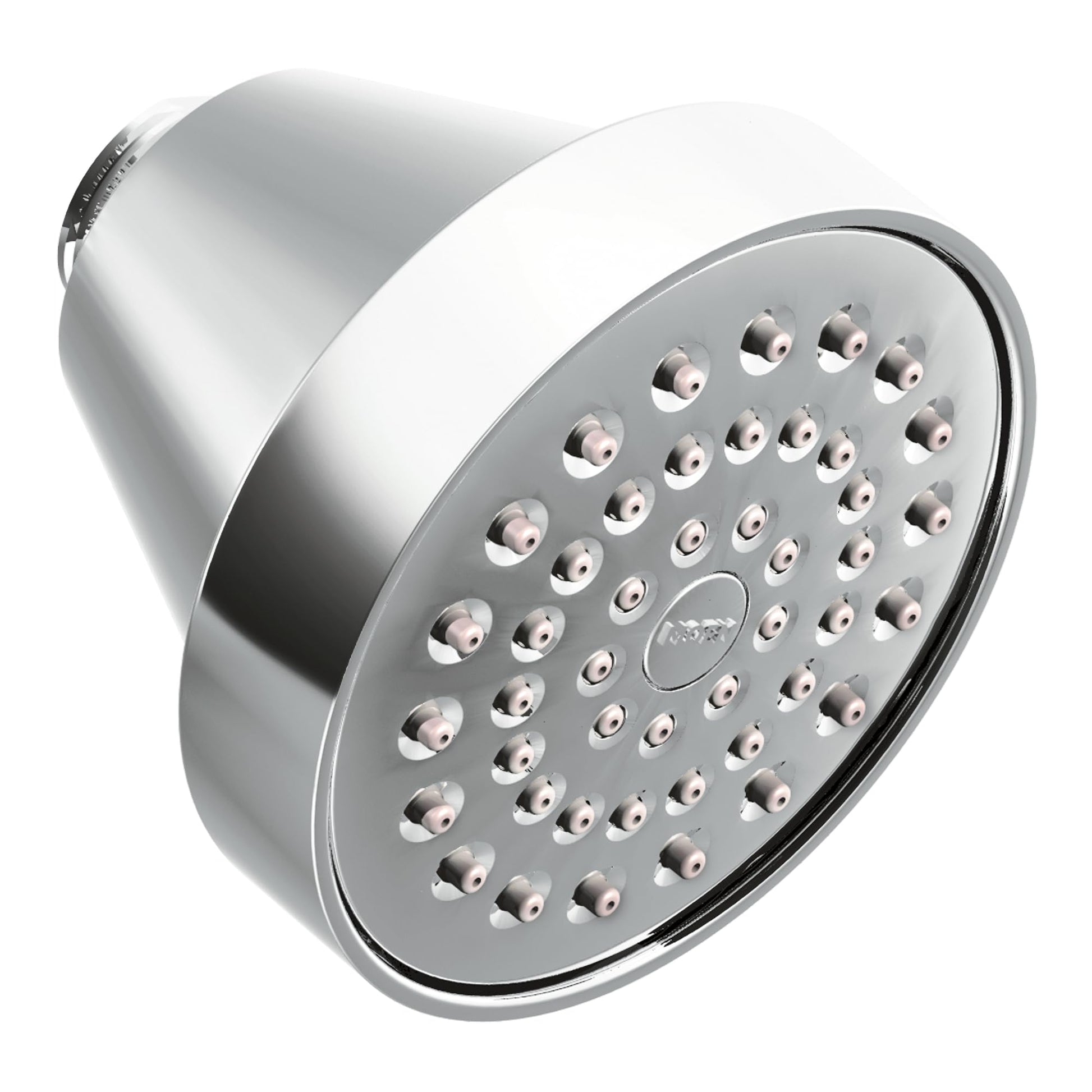 Chrome shower head with multiple spray holes and cylindrical arm connector.