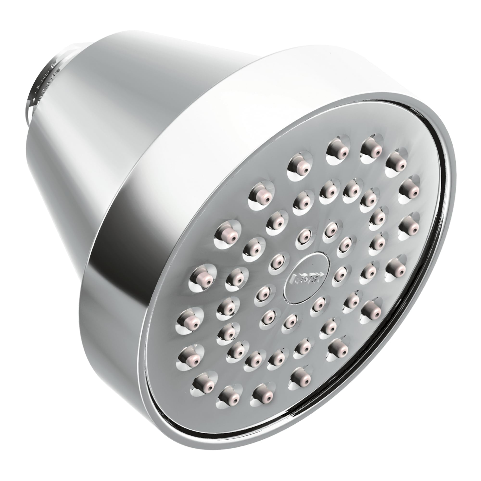 Chrome shower head with multiple spray holes and cylindrical arm connector.