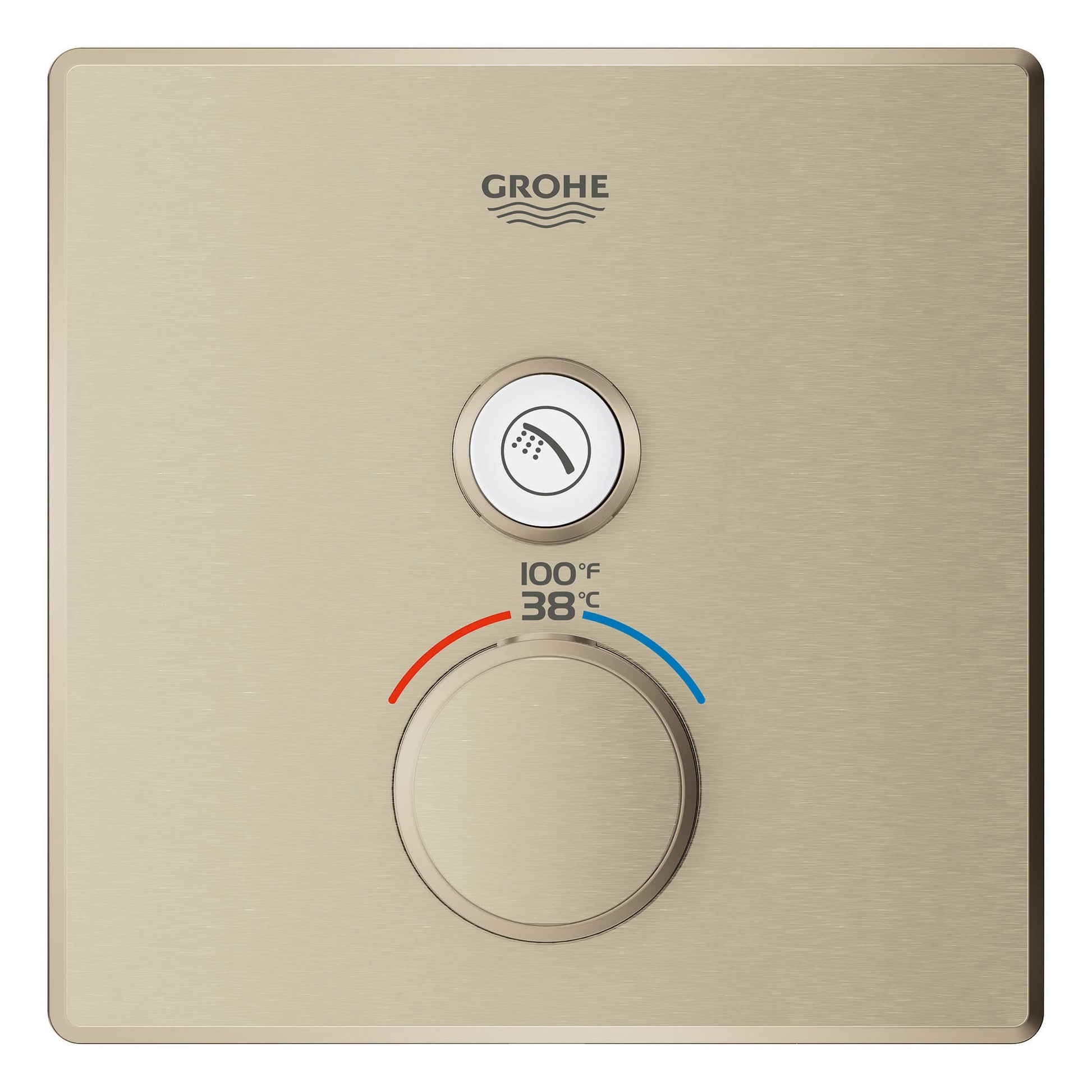Grohe Grohtherm brushed nickel thermostatic valve trim with single function button and temperature dial marked 38°C/100°F.