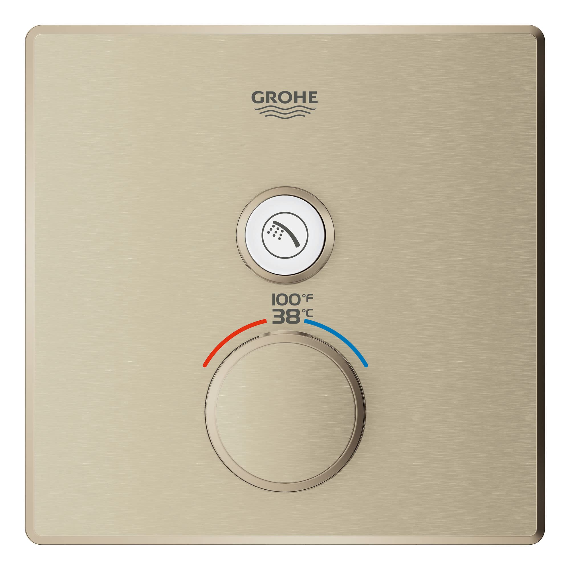 Grohe Grohtherm brushed nickel thermostatic valve trim with single function button and temperature dial marked 38°C/100°F.