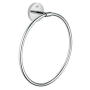 Polished chrome towel ring with circular opening mounted on round wall plate with Grohe branding.