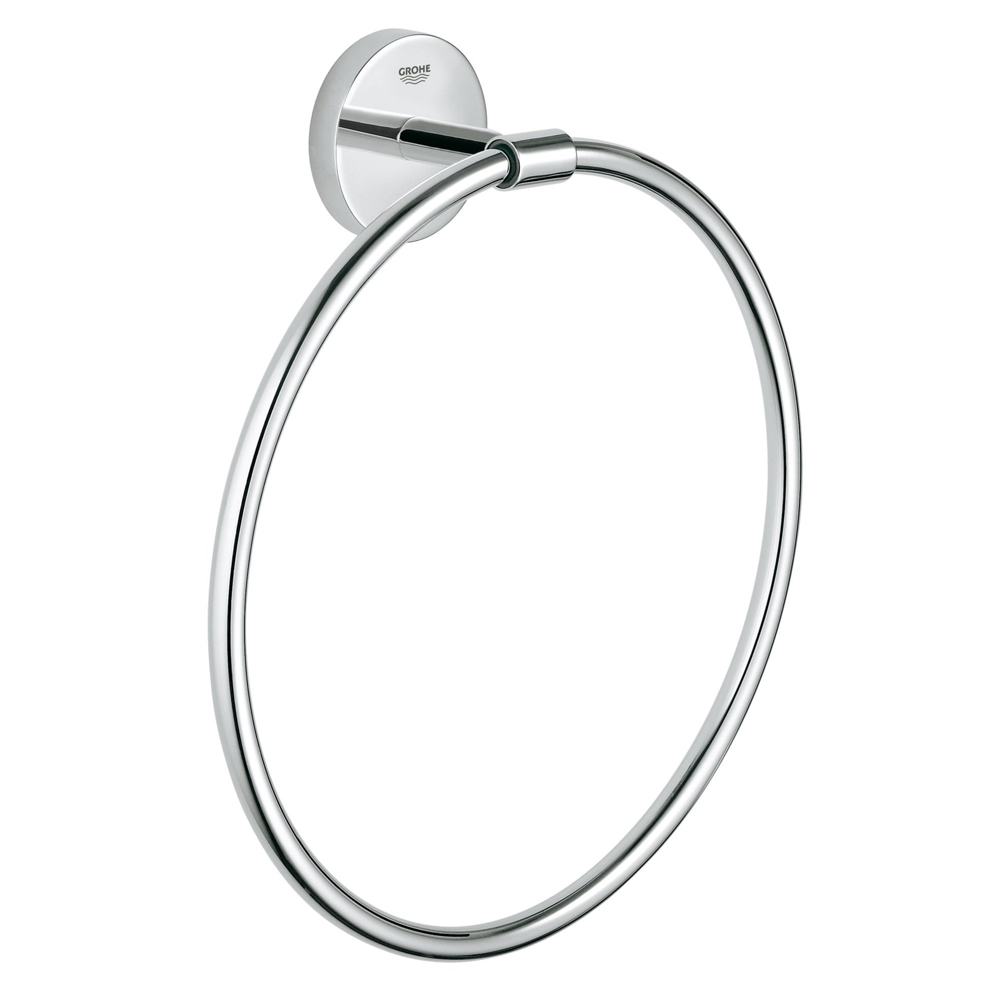 Polished chrome towel ring with circular opening mounted on round wall plate with Grohe branding.