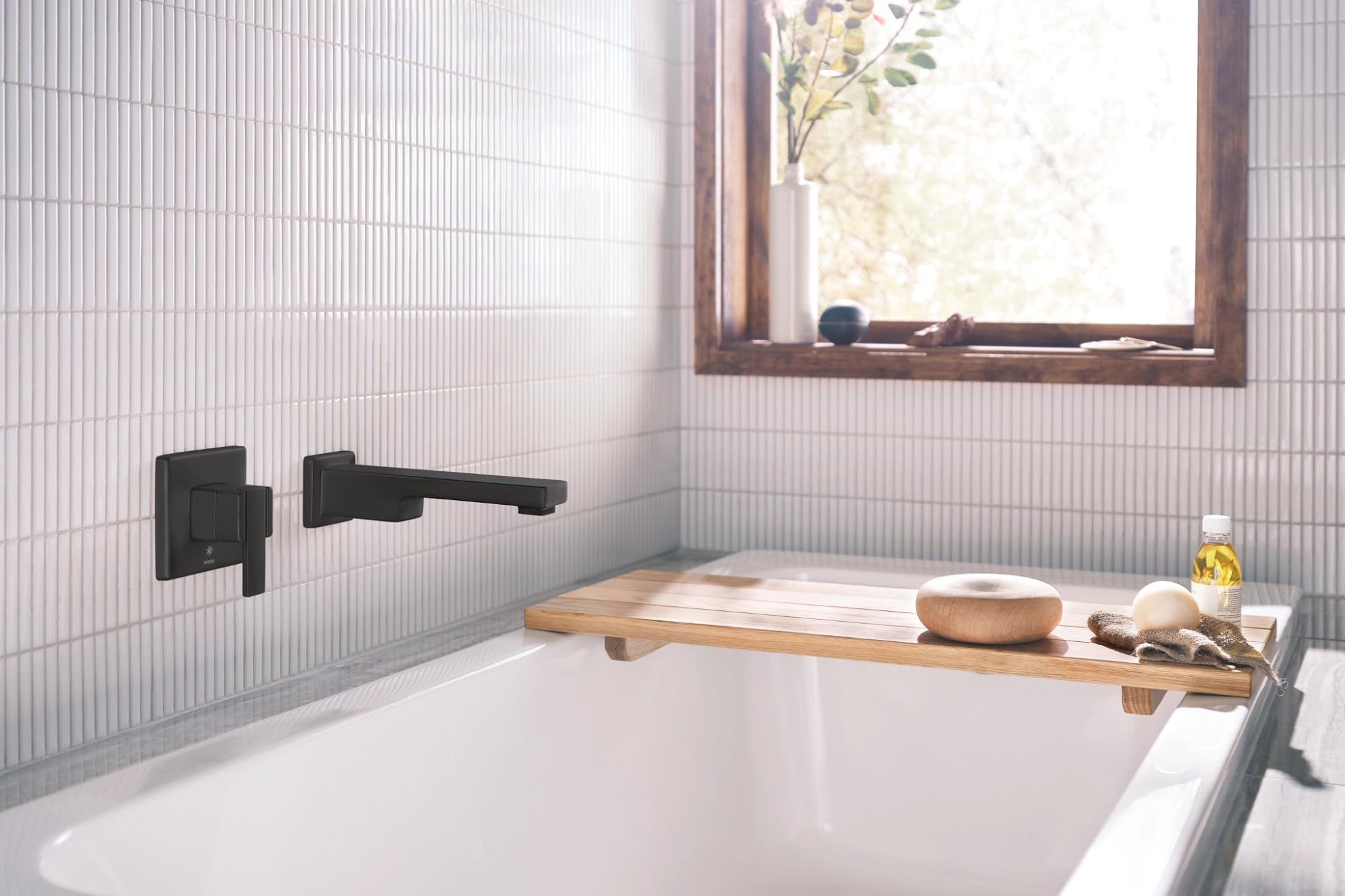 Moen 90 Degree Single Handle Wall Mount Tub Filler High Flow Tub Faucet with 10" Spout Reach in Matte Black - WTS911BL