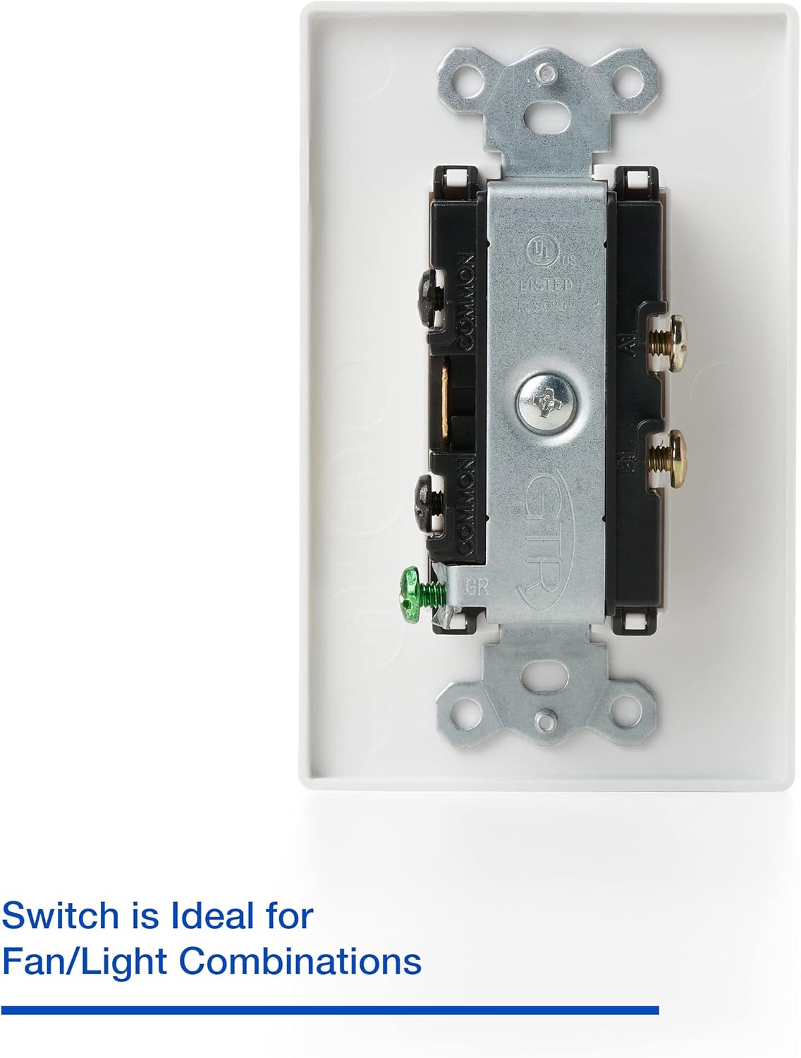 White wall plate with two-function black rocker switch and metal mounting bracket with brass terminals.