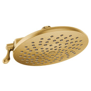 Brushed gold overhead shower head with circular spray face and multiple jet holes, featuring a side lever control.