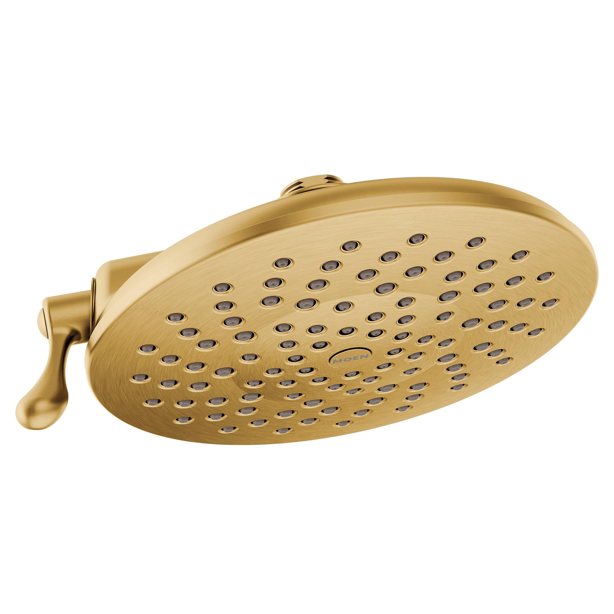 Brushed gold overhead shower head with circular spray face and multiple jet holes, featuring a side lever control.