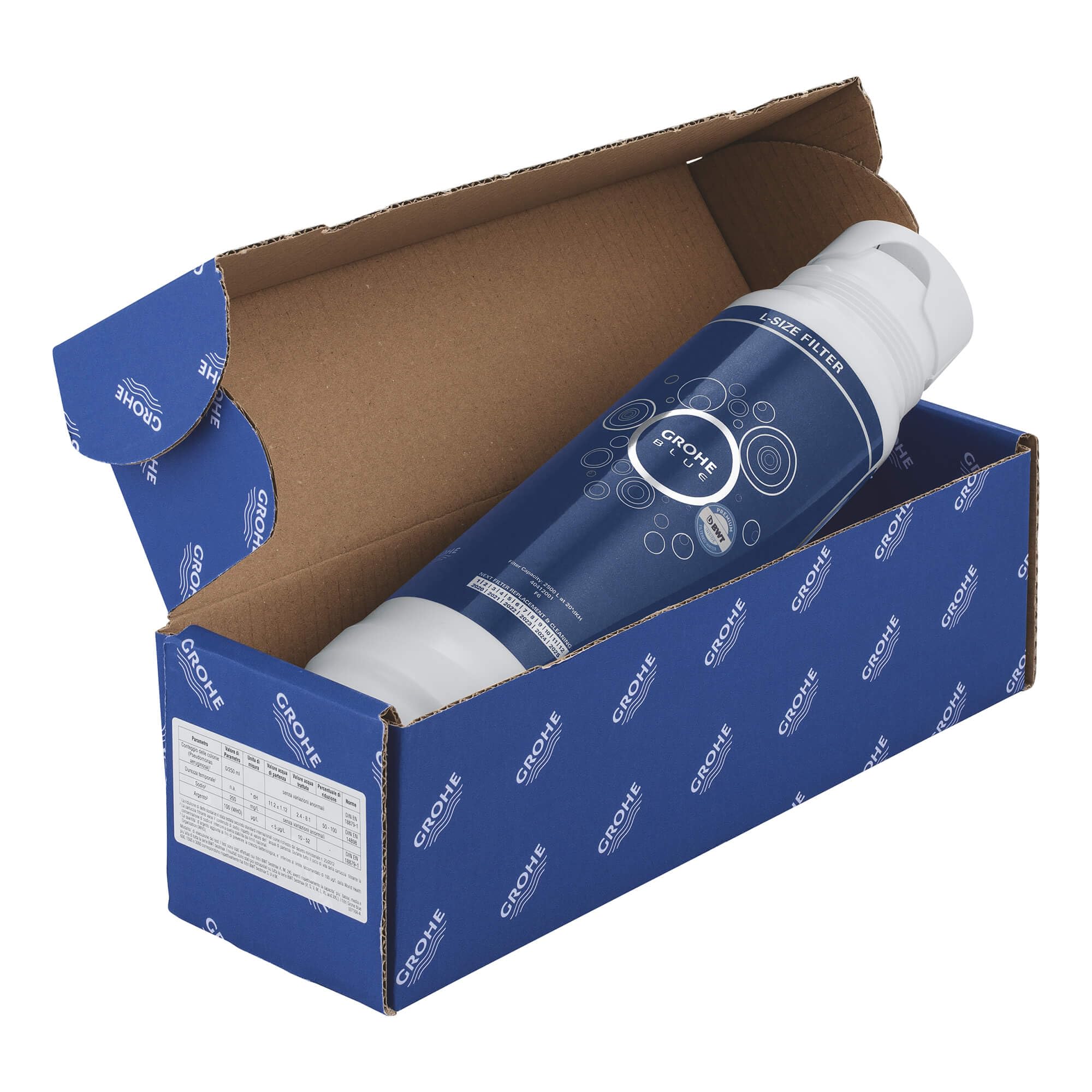Grohe Blue carbon filter with white caps inside blue branded cardboard box.
