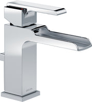 Chrome single-handle bathroom faucet with curved spout and pop-up drain assembly.