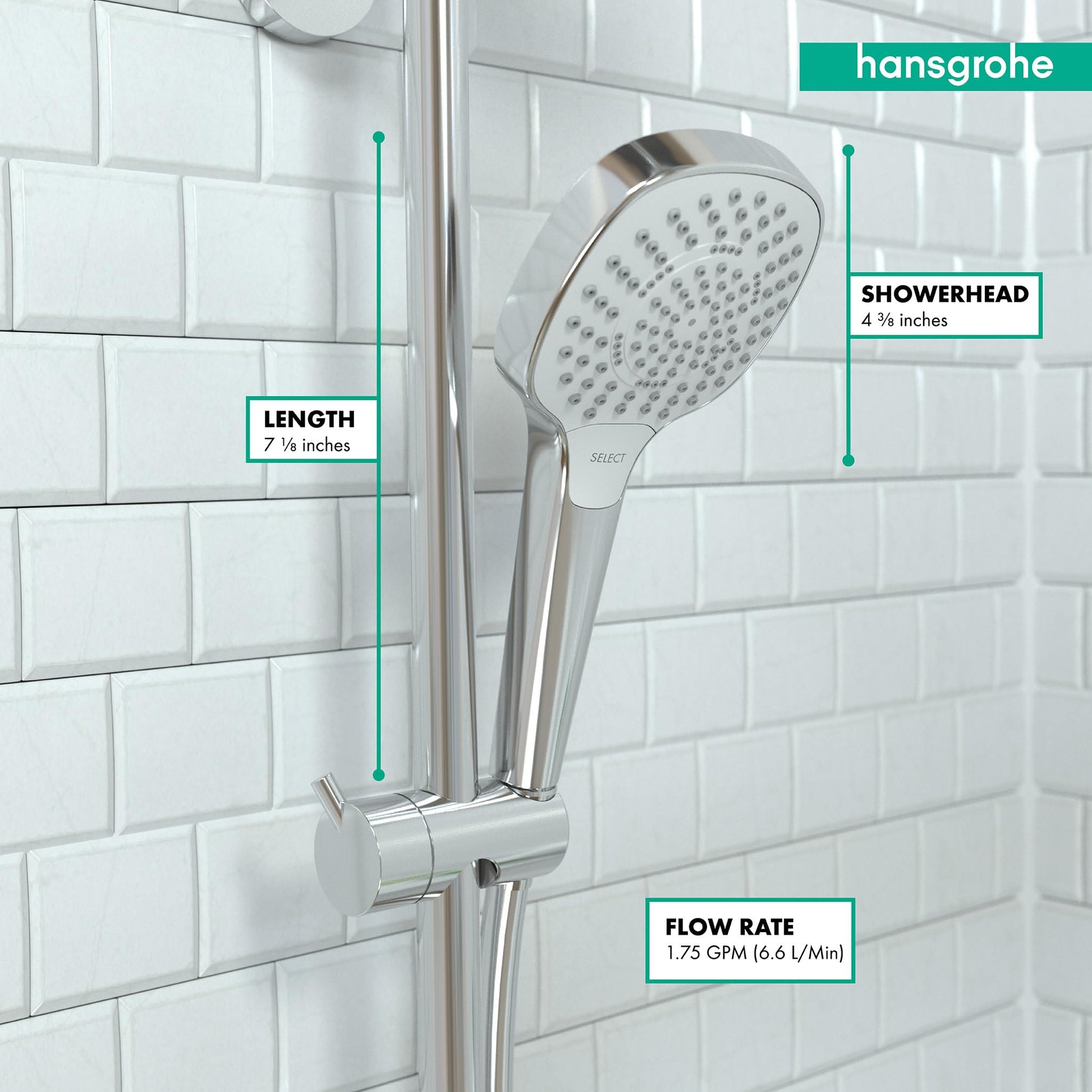 White and chrome handheld showerhead with 4⅜-inch head and 7⅛-inch handle mounted on shower rail.
