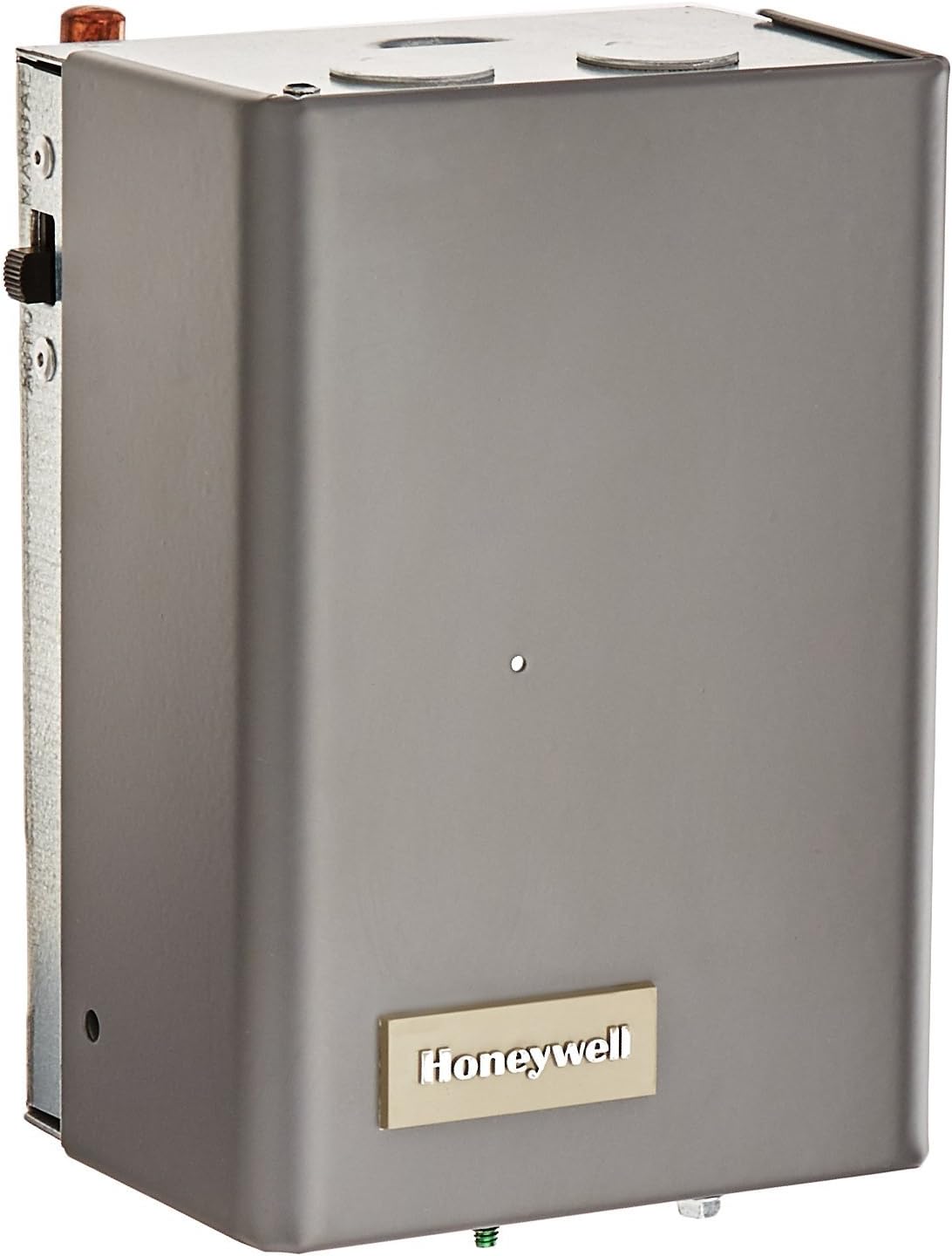 Gray metal Honeywell aquastat relay with copper terminal on top and adjustment dial on side.