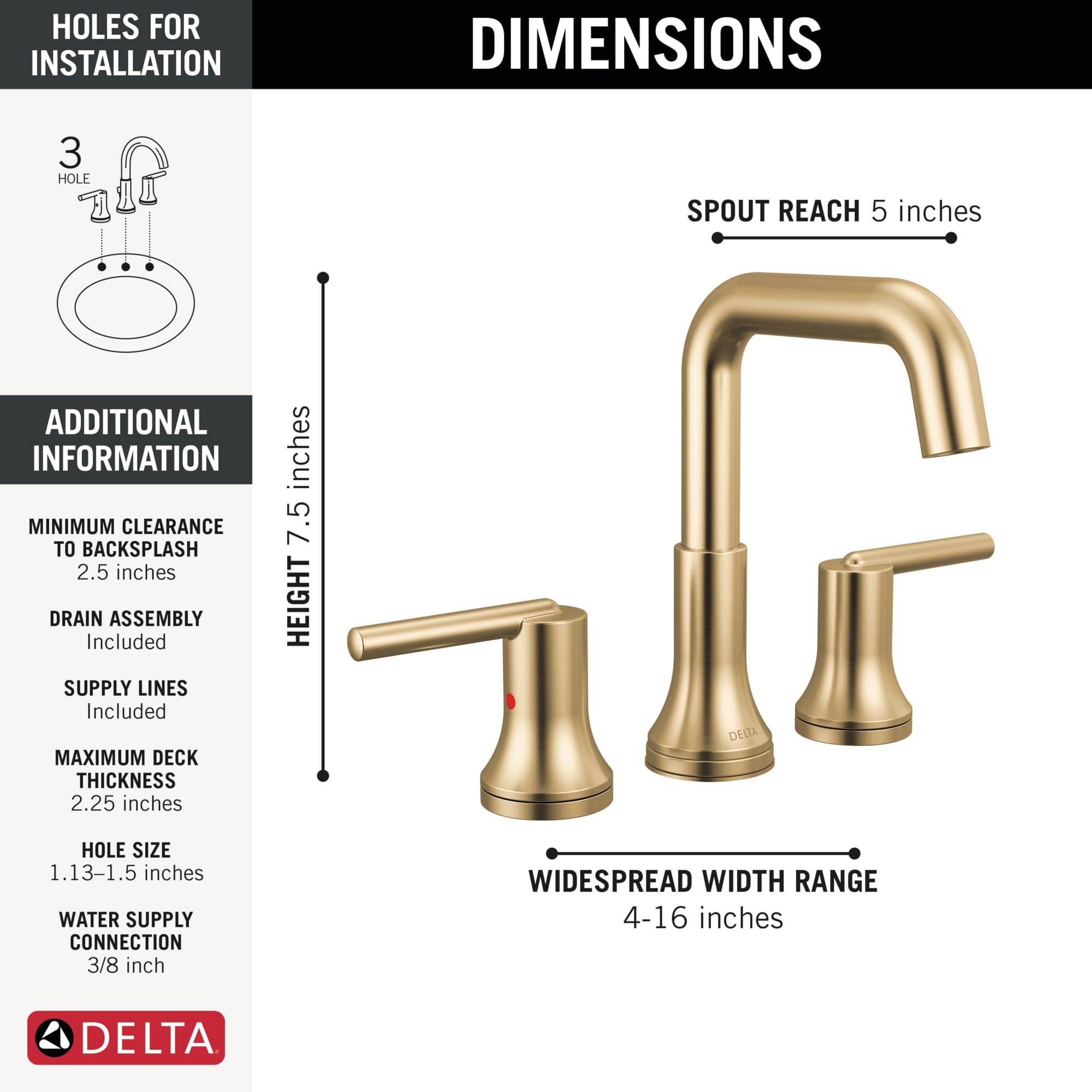 Delta Trinsic champagne bronze two-handle widespread bathroom faucet with 5-inch spout reach and 7.5-inch height.