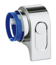 Chrome temperature control handle with blue internal cartridge and oval-shaped mounting plate.