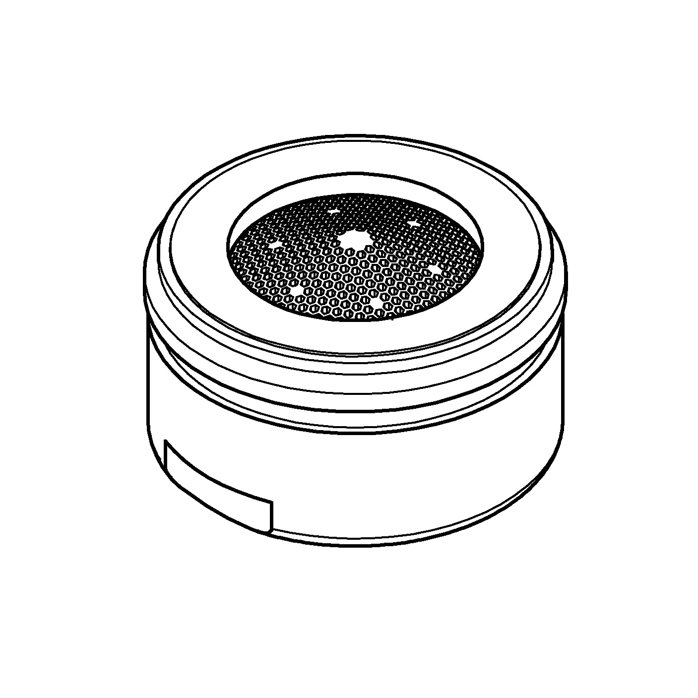Chrome flow control cartridge with perforated black insert and threaded connector ring.