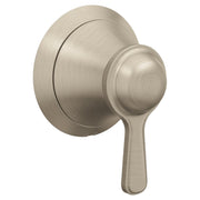 Brushed nickel volume control trim with circular escutcheon plate and lever handle.