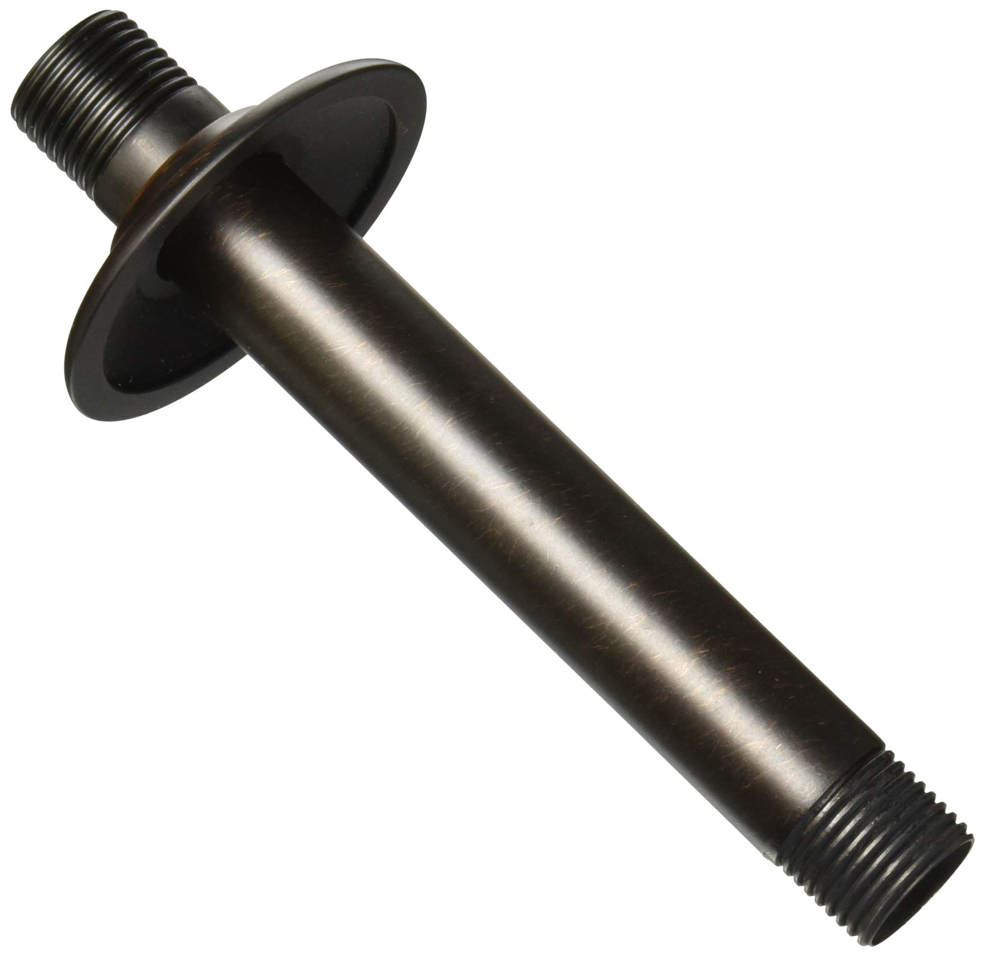 Venetian bronze shower arm with threaded connections and circular ceiling flange mount.