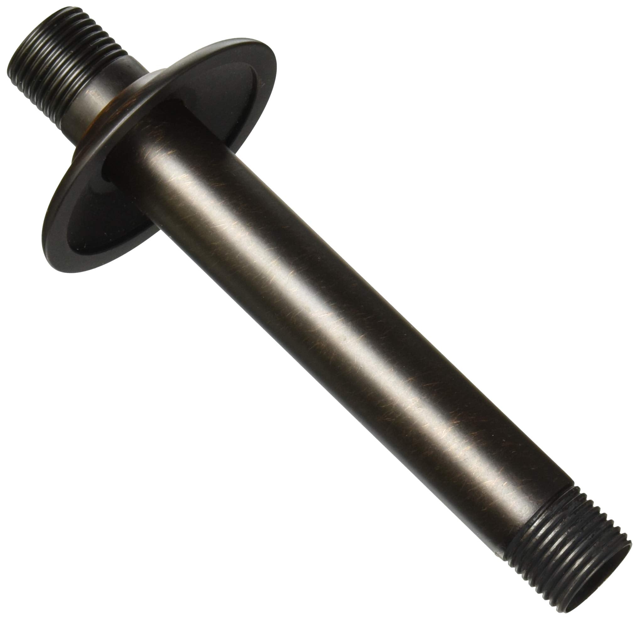 Venetian bronze shower arm with threaded connections and circular ceiling flange mount.