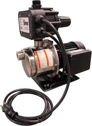 Simer stainless steel booster pump with black control box, motor, and attached power cord.