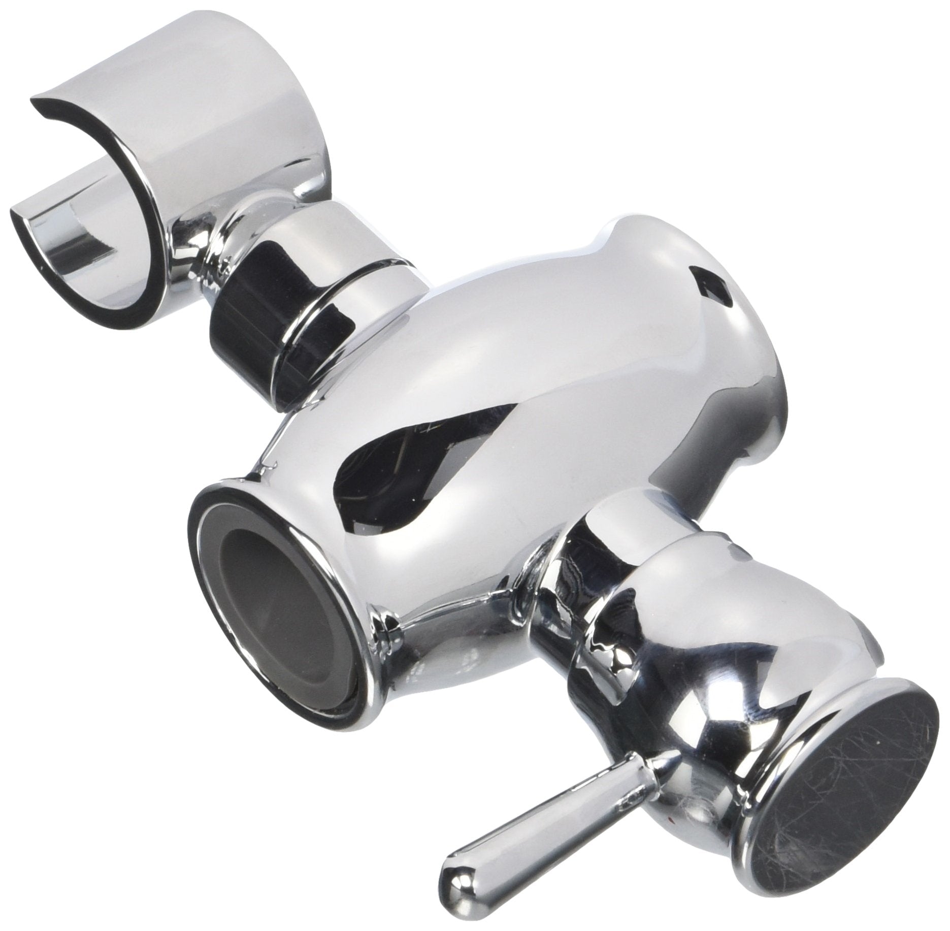 Chrome slide bar mechanism with multiple adjustable mounting brackets and connector components in transitional style.