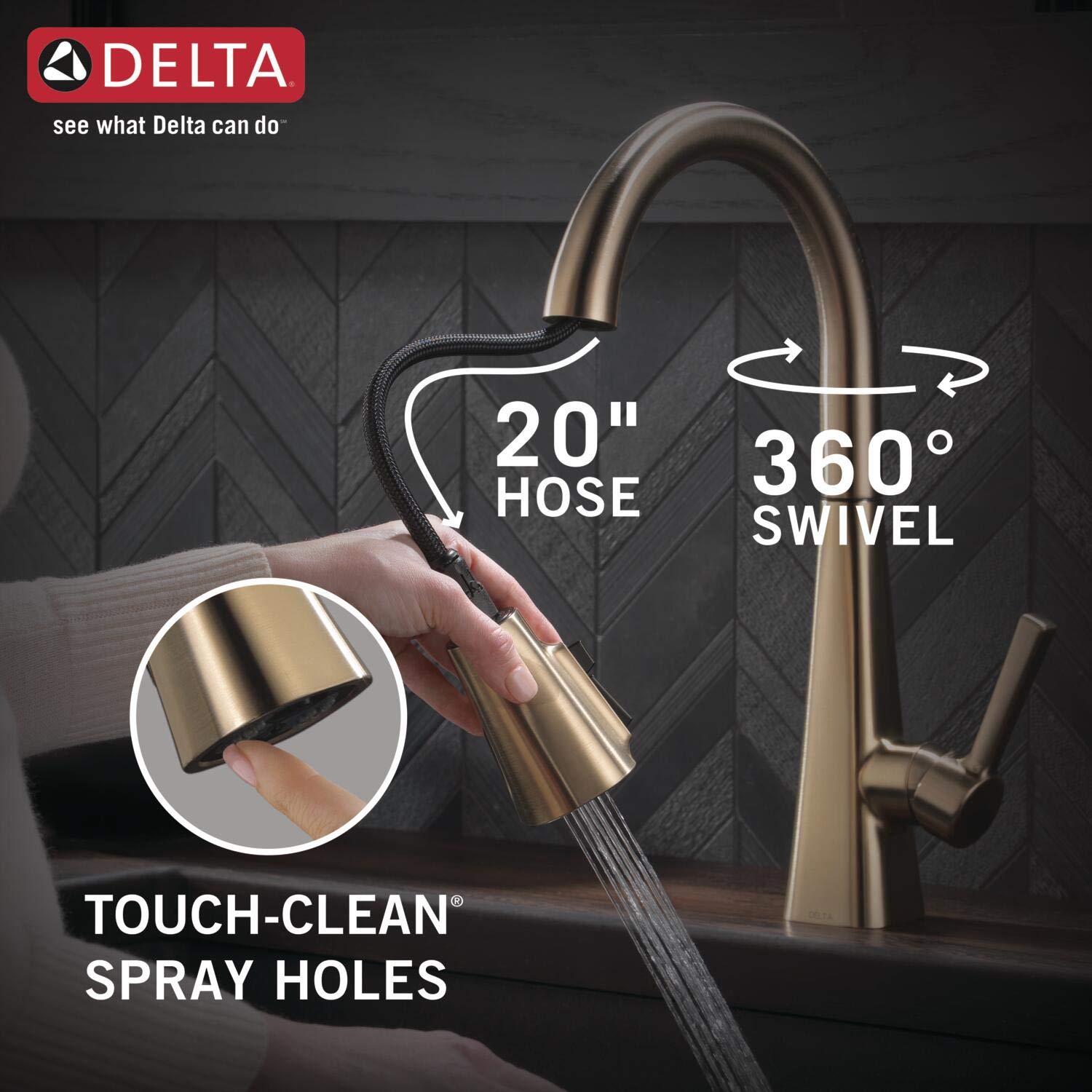 Champagne bronze single-handle pull-down kitchen faucet with curved spout, 20" hose, and 360° swivel capability.