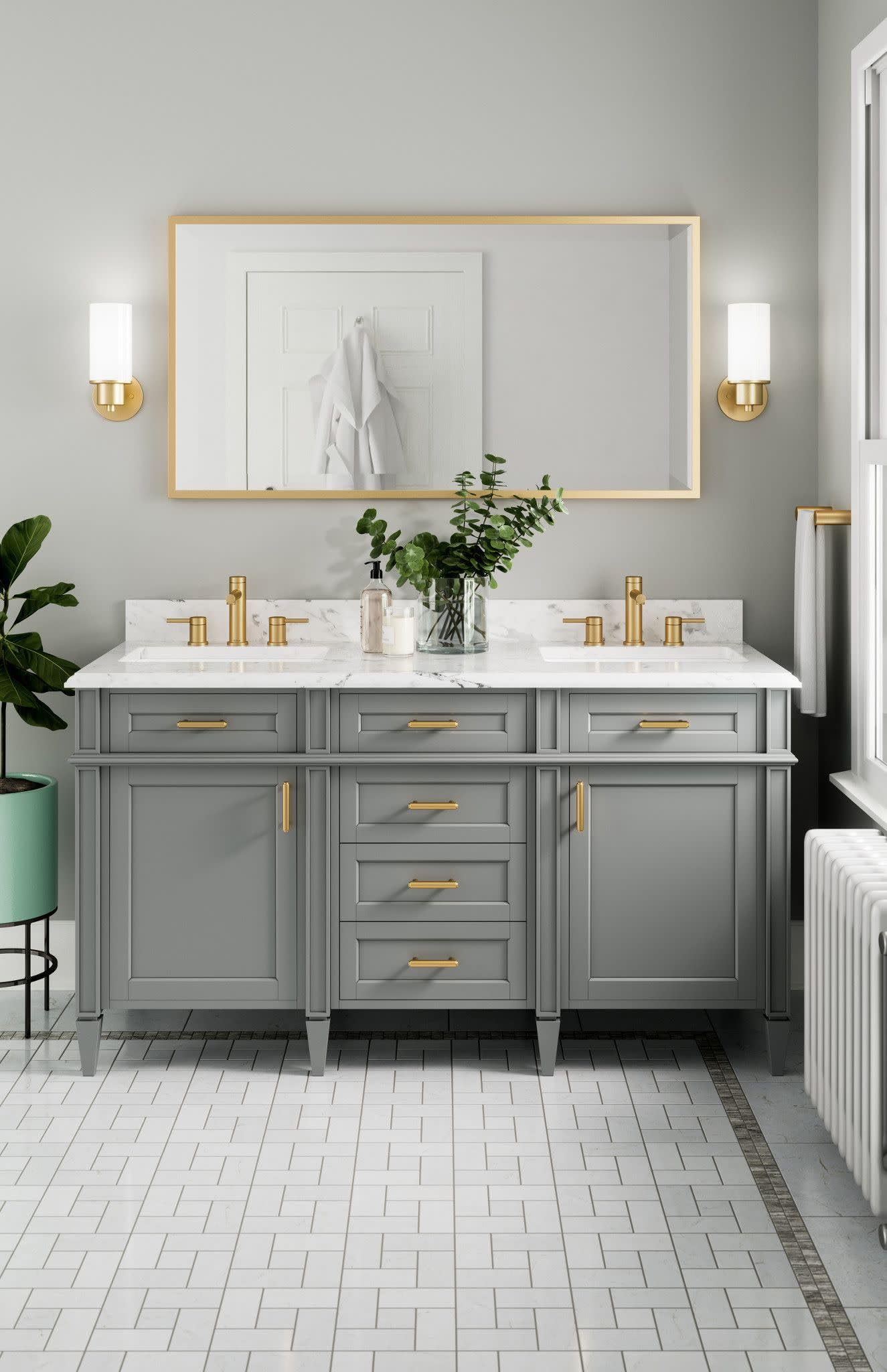 Brushed gold towel bar mounted on white bathroom wall above gray vanity with marble countertop.