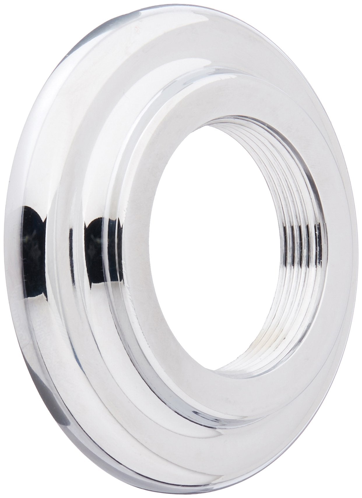 Two circular chrome and white handle bases with gaskets stacked together.