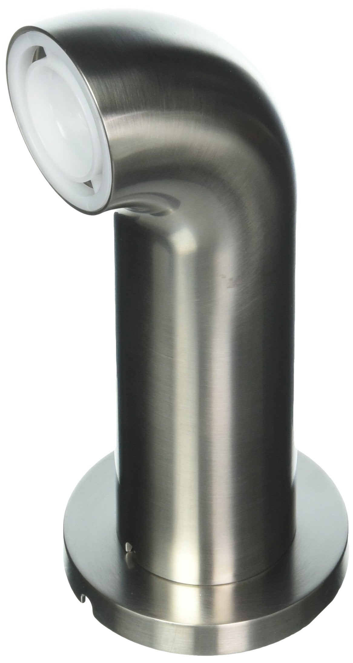 Stainless steel tub spout with angled outlet and white escutcheon plate mounted on round base.
