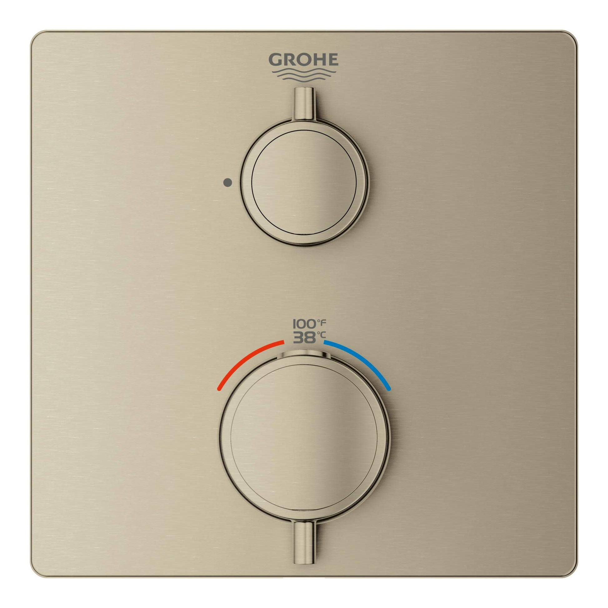 Grohe brushed nickel thermostatic valve trim with two circular handles and temperature scale marked 100°F/38°C.
