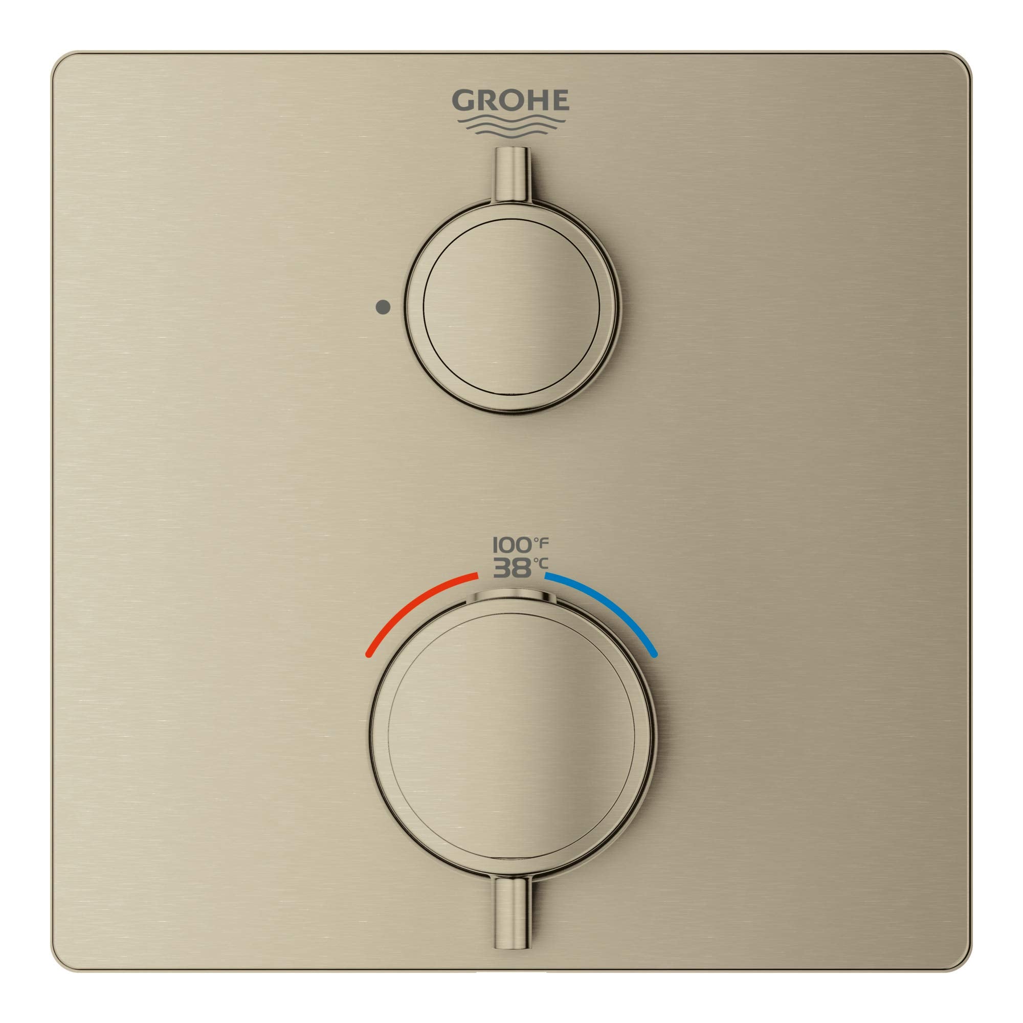 Grohe brushed nickel thermostatic valve trim with two circular handles and temperature scale marked 100°F/38°C.