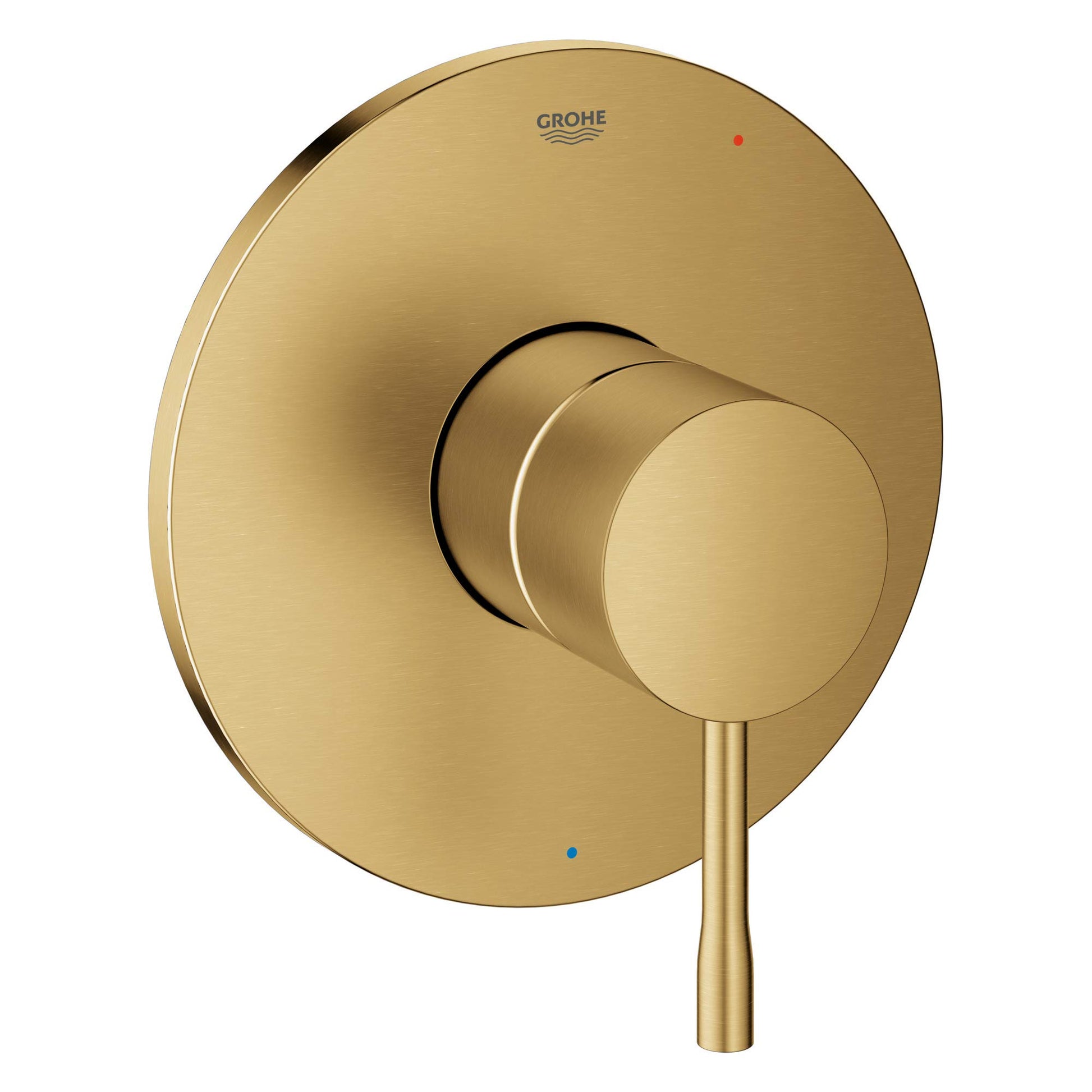 Grohe Essence brushed gold circular valve trim with single lever handle and red and blue indicator dots.