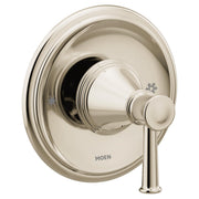 Polished nickel single-handle pressure balancing valve trim with round escutcheon plate and lever handle.