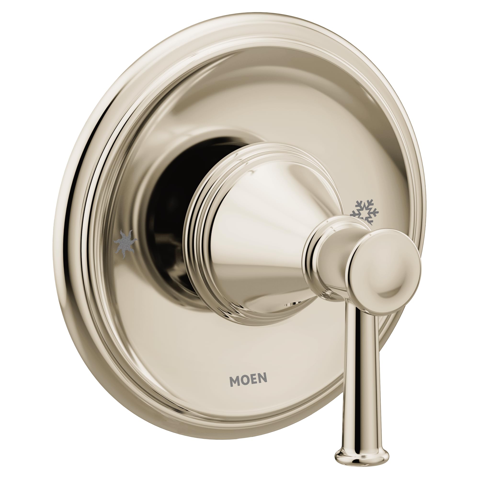 Polished nickel single-handle pressure balancing valve trim with round escutcheon plate and lever handle.