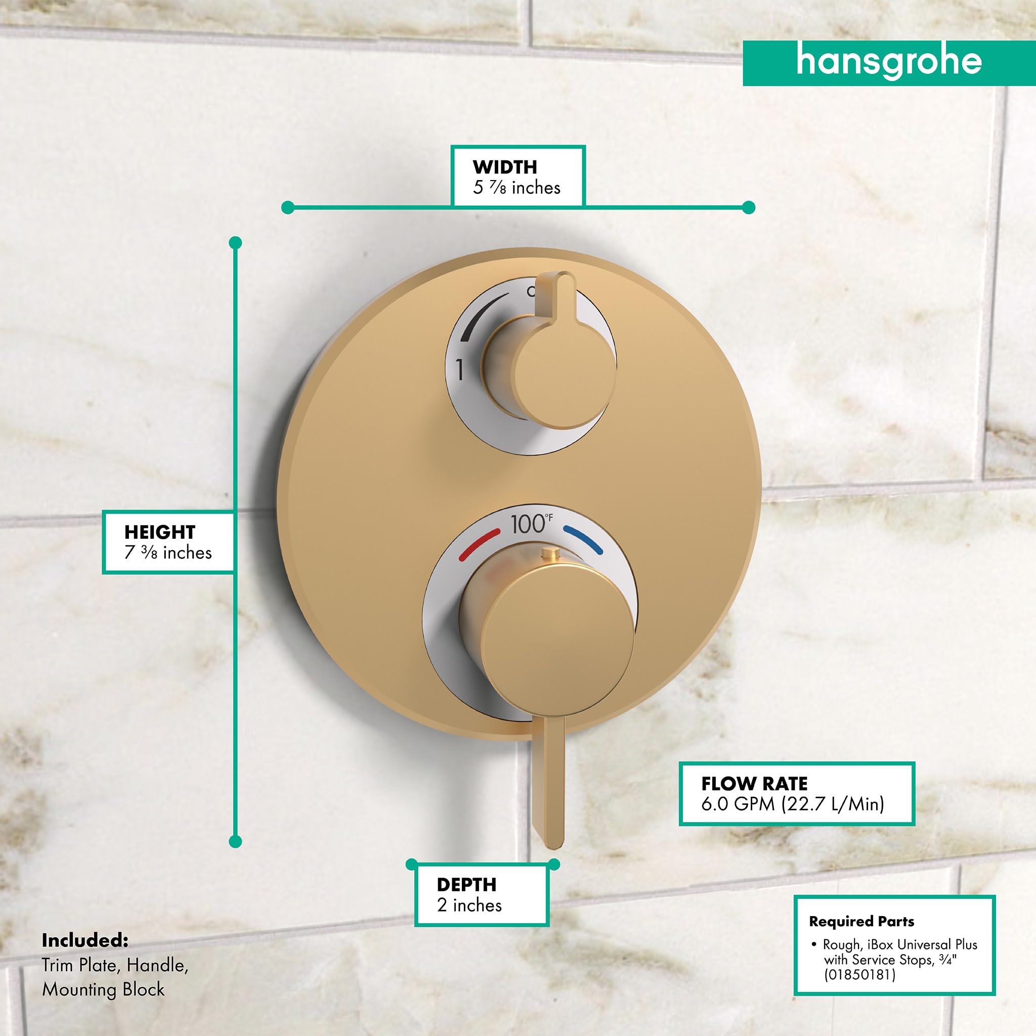 Brushed bronze circular thermostatic trim with upper temperature control knob and lower diverter knob on marble tile backgrou