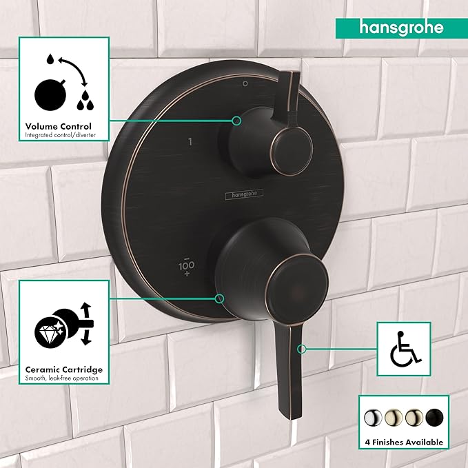 Round rubbed bronze thermostatic shower valve trim with volume control and diverter lever.