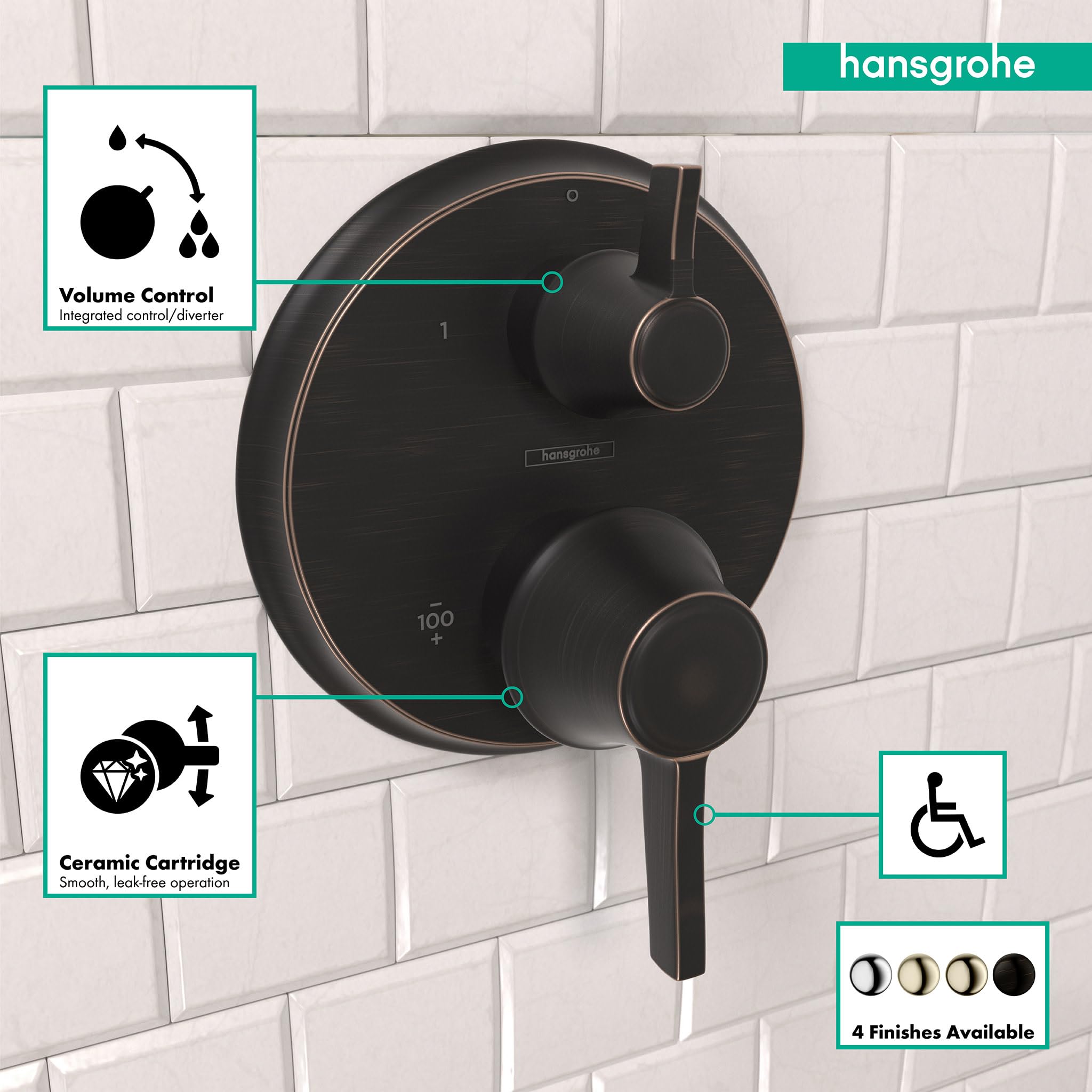 Round rubbed bronze thermostatic shower trim with two circular control knobs and integrated volume control diverter on white 