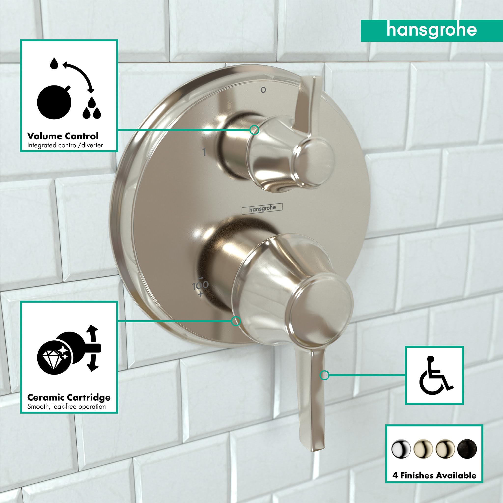 Round polished nickel thermostatic shower valve trim with dual handles for volume control and diverter function.