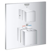 Grohe Grohtherm chrome thermostatic valve trim with two square handles and temperature display showing 38°C.