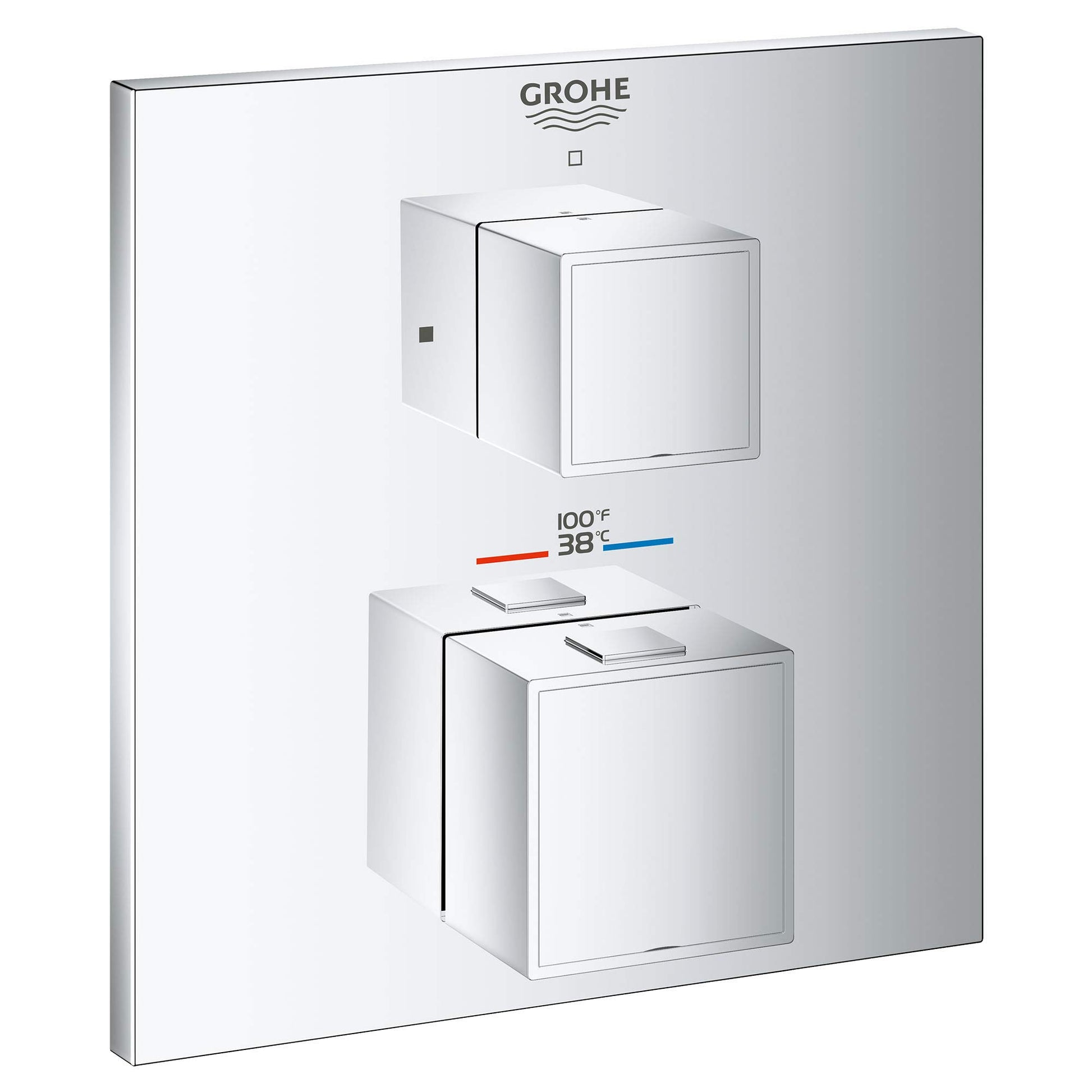Grohe Grohtherm chrome thermostatic valve trim with two square handles and temperature display showing 38°C.