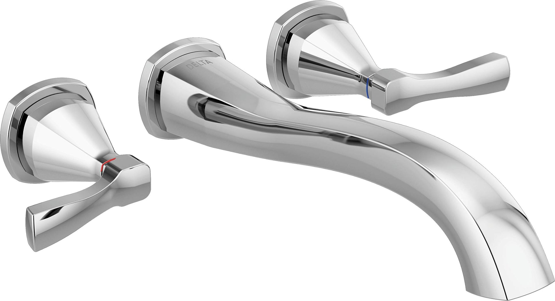 Chrome wall-mounted tub filler with curved spout and three lever handles, one on left side and two on right side.