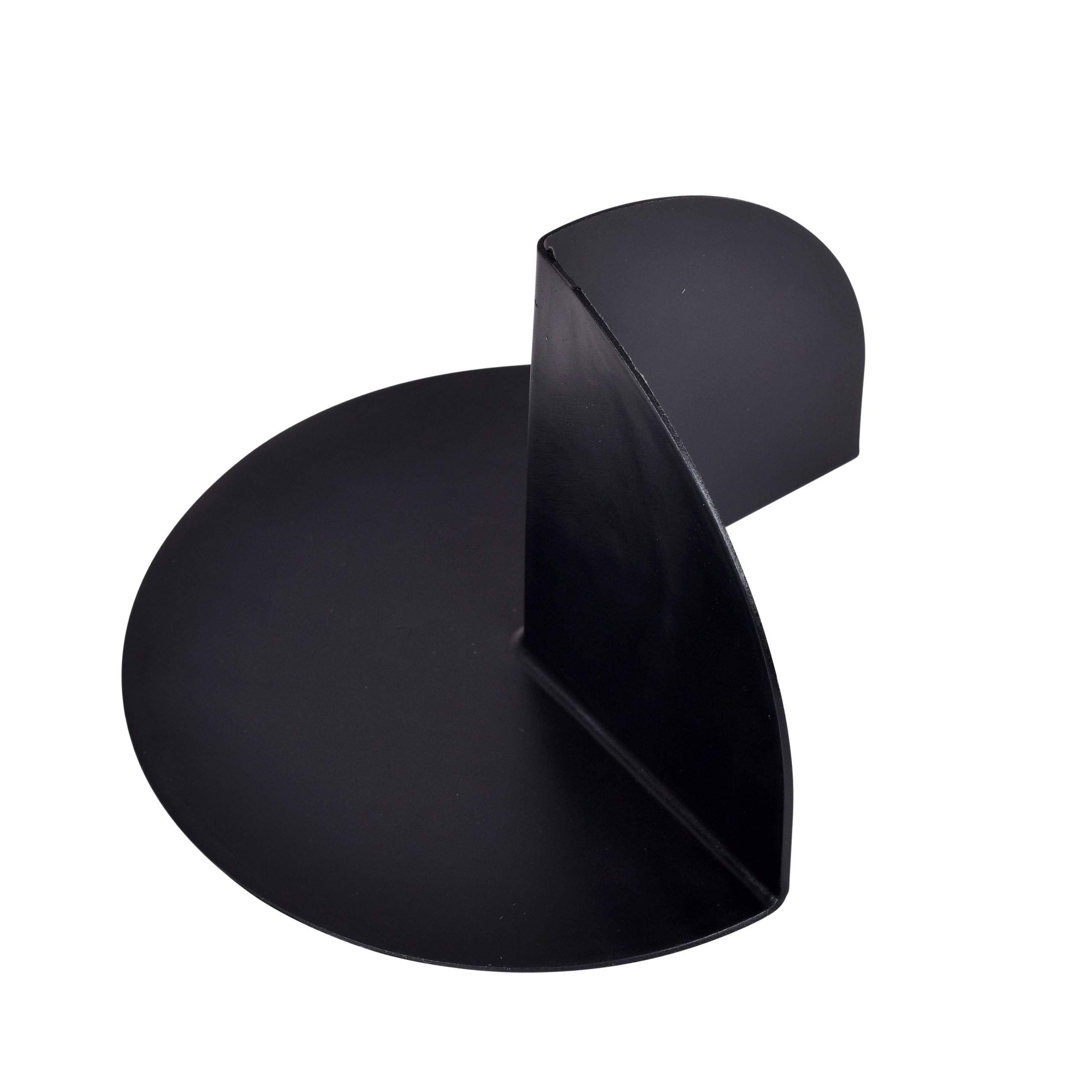 Black plastic corner dam with curved rounded edges and diagonal seam detail for shower pan waterproofing.