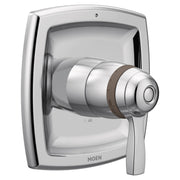 Chrome thermostatic shower valve trim with rounded square escutcheon plate, cylindrical handle, and circular control knob.