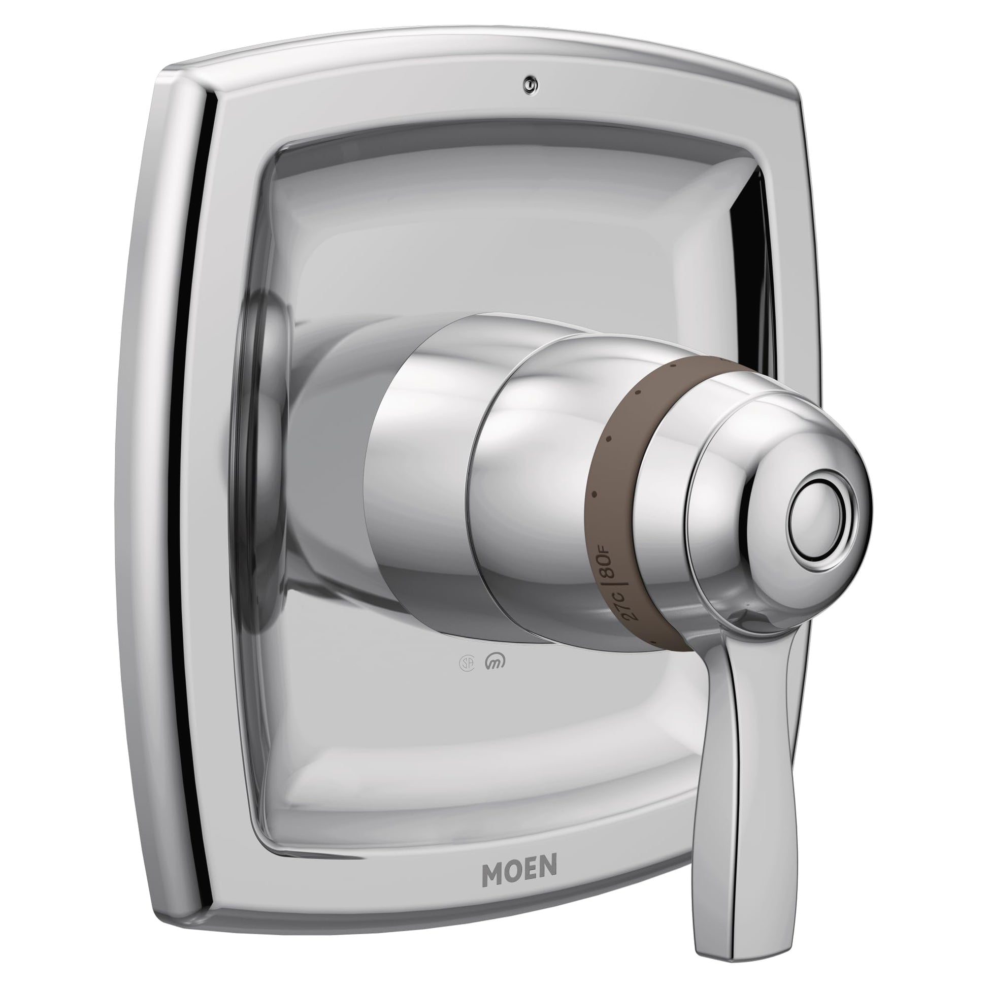Chrome thermostatic shower valve trim with rounded square escutcheon plate, cylindrical handle, and circular control knob.