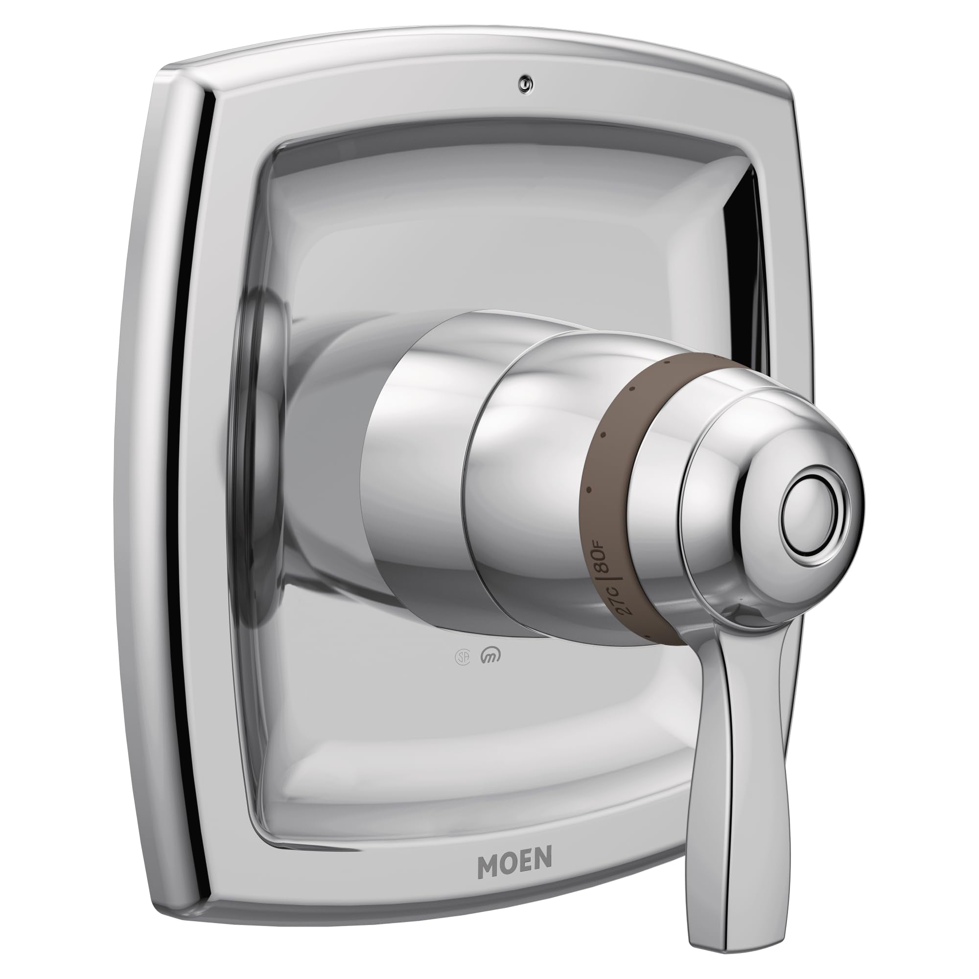 Chrome thermostatic shower valve trim with rounded square escutcheon plate, cylindrical handle, and circular control knob.