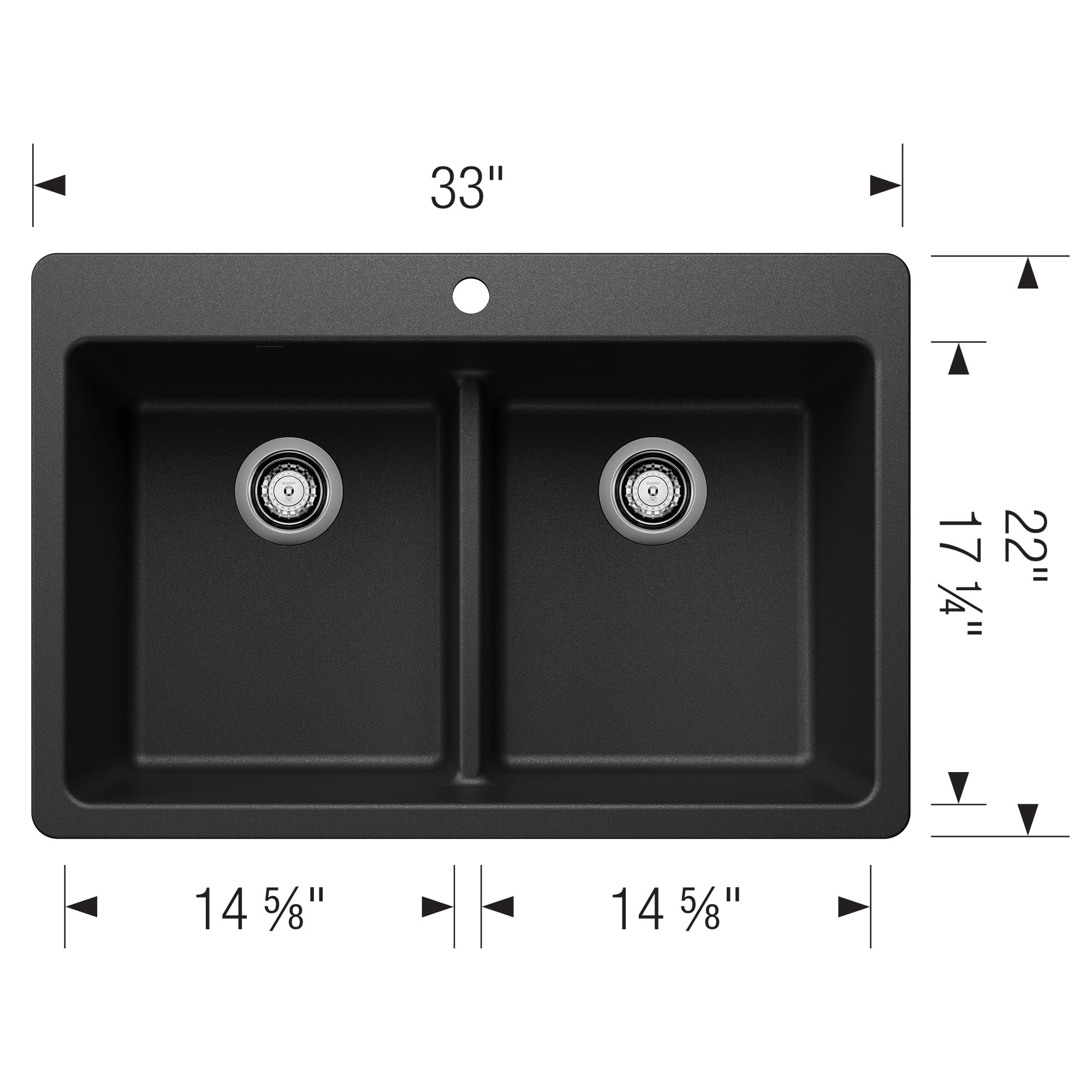 Anthracite double bowl drop-in sink with low divider, two strainers, 33" wide, 22" deep.