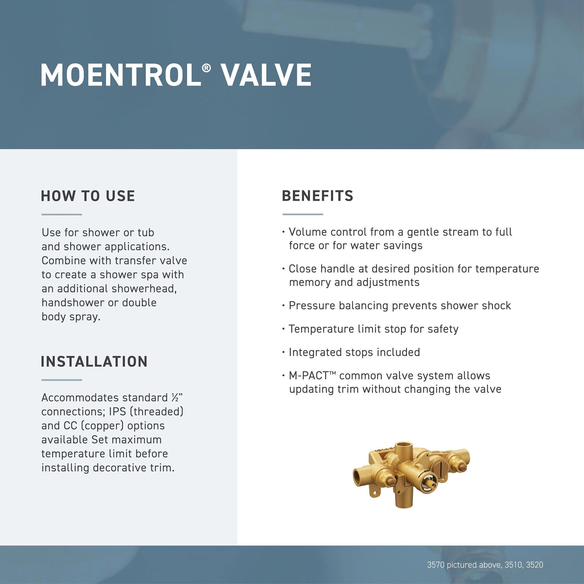 Brass Moentrol valve body with multiple connection ports shown from above against white background.