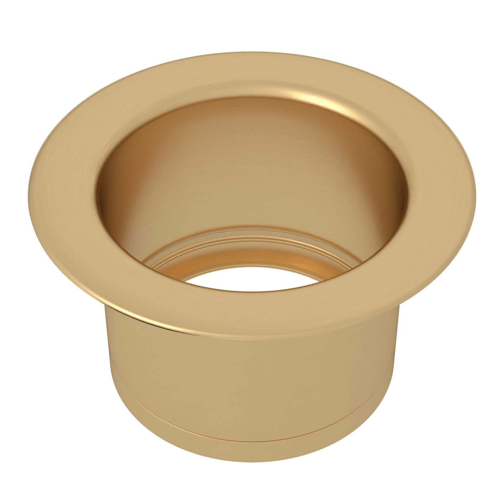 Satin nickel extended disposal flange with round rim and cylindrical body featuring centered opening.